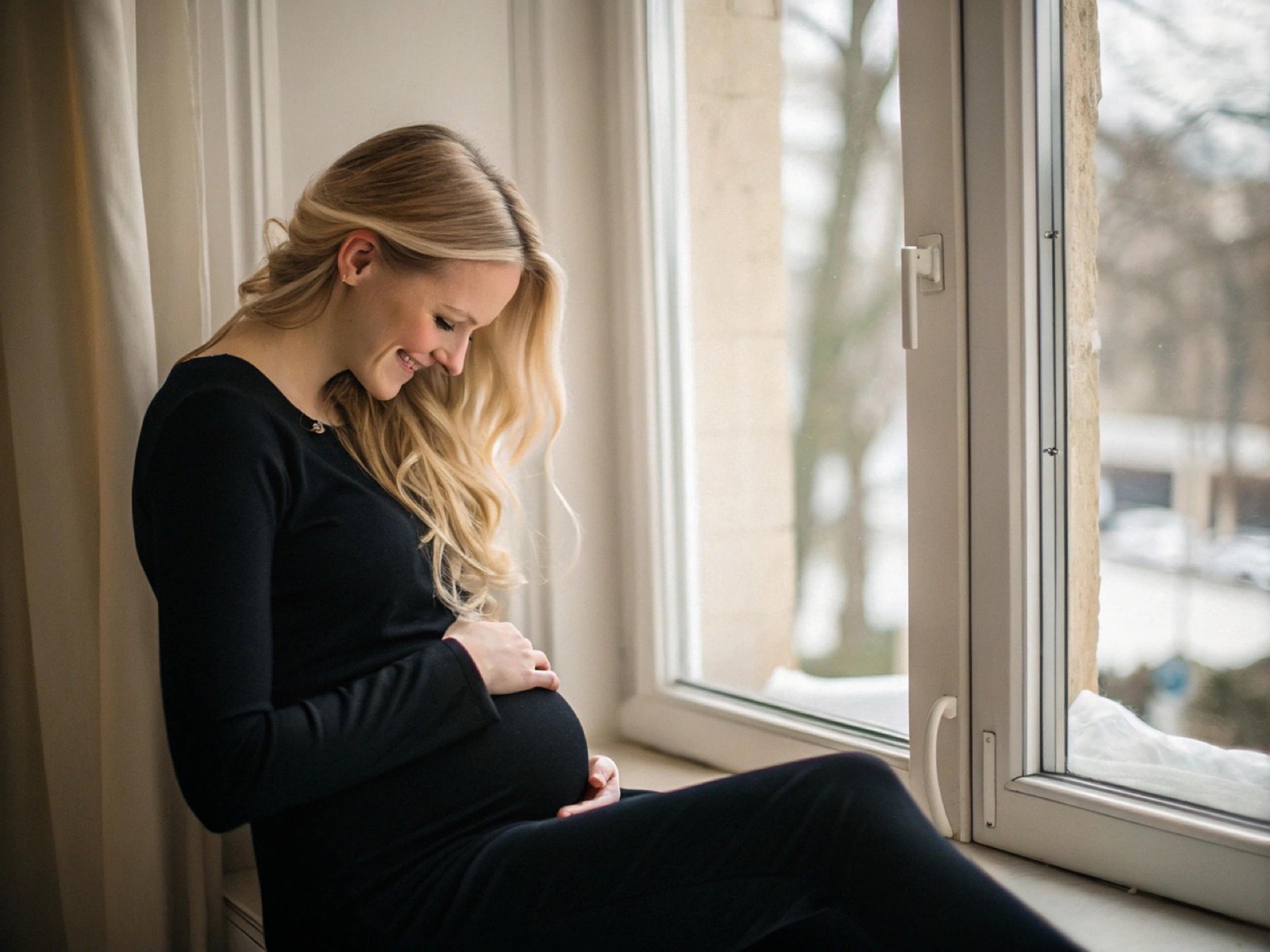 Mujer embarazada sentada junto a una ventana, de perfil, con las manos sobre el vientre y luz natural lateral